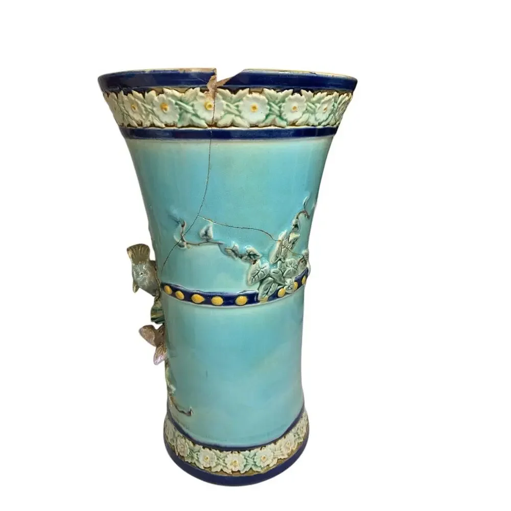 Antique Majolica Holdcroft Vase Wren Calla Lilies Cracks Chips 10.5
